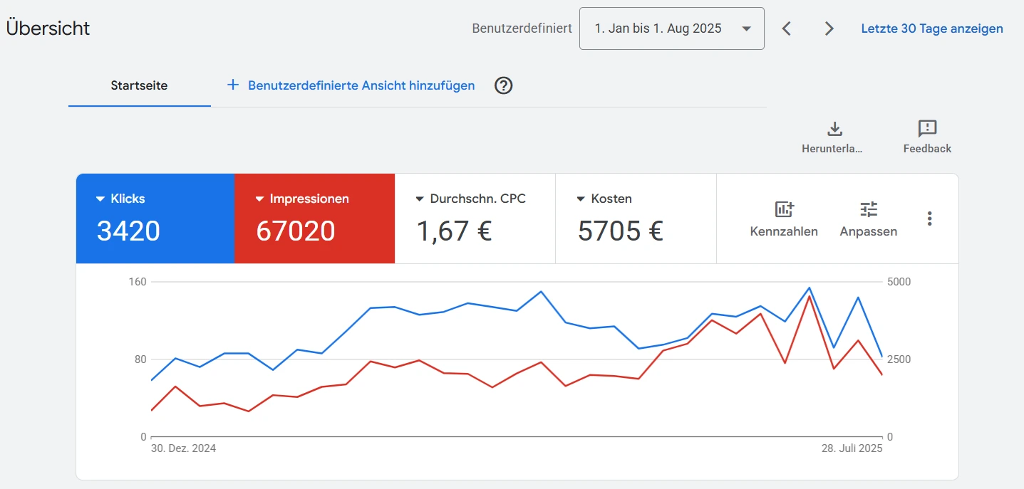 Google Ads Dashboard – E-Commerce Kampagne mit +340% Sichtbarkeit